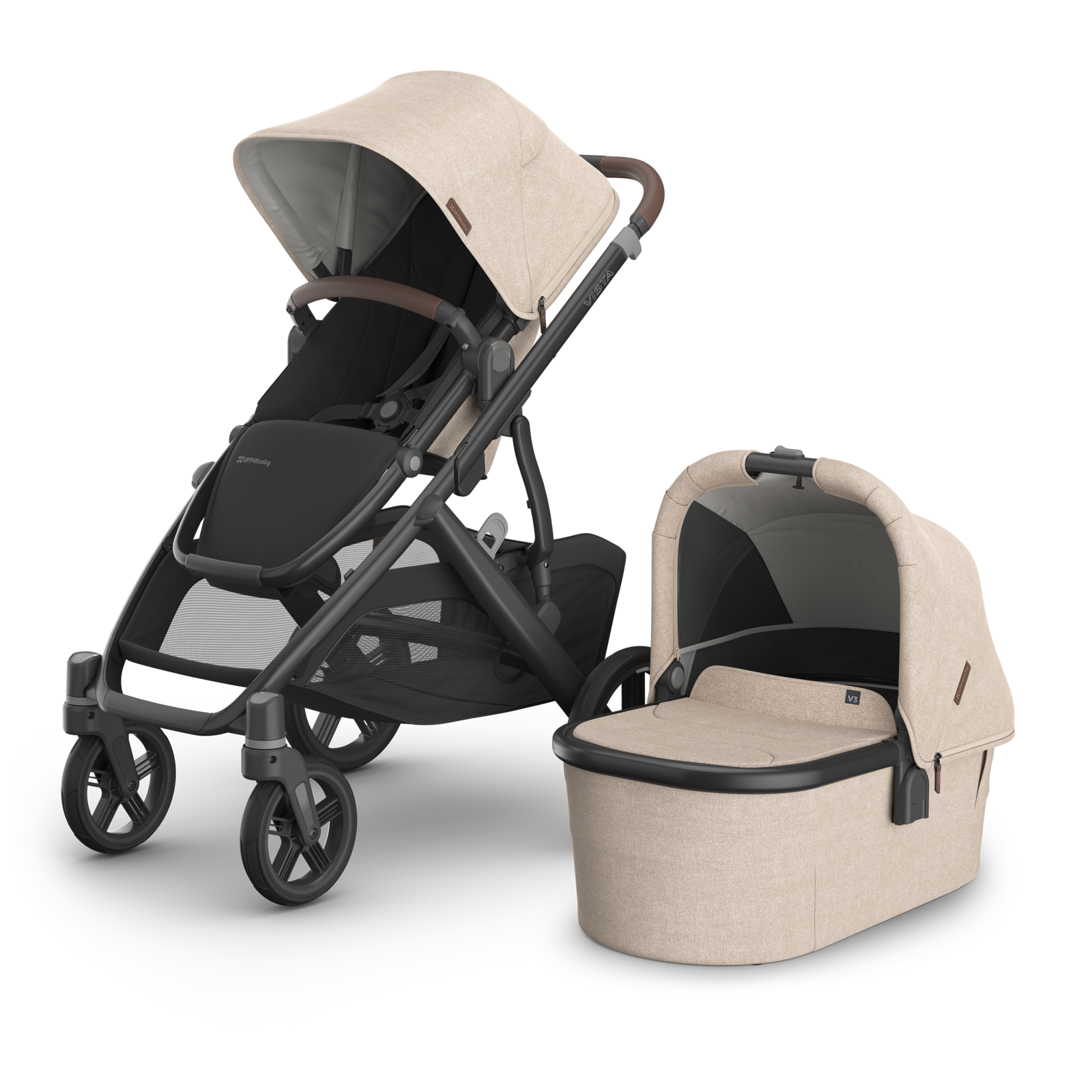UPPAbaby Vista V3 Stroller Liam. Oat Melange Fabric, Carbon Frame and Dark Brown Leather Accents. 
