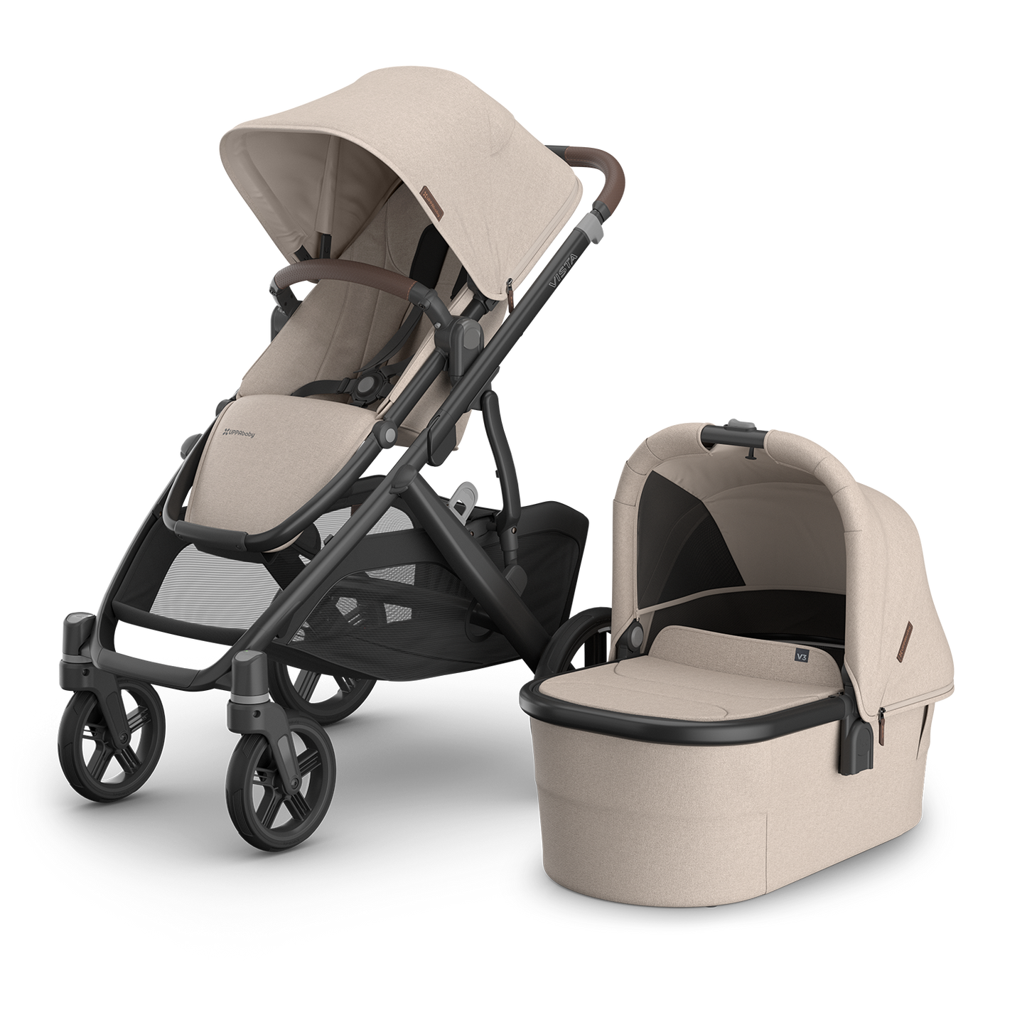 UPPAbaby stroller with carbon frame and chestnut leather accents and beige/sandstone fabric.  