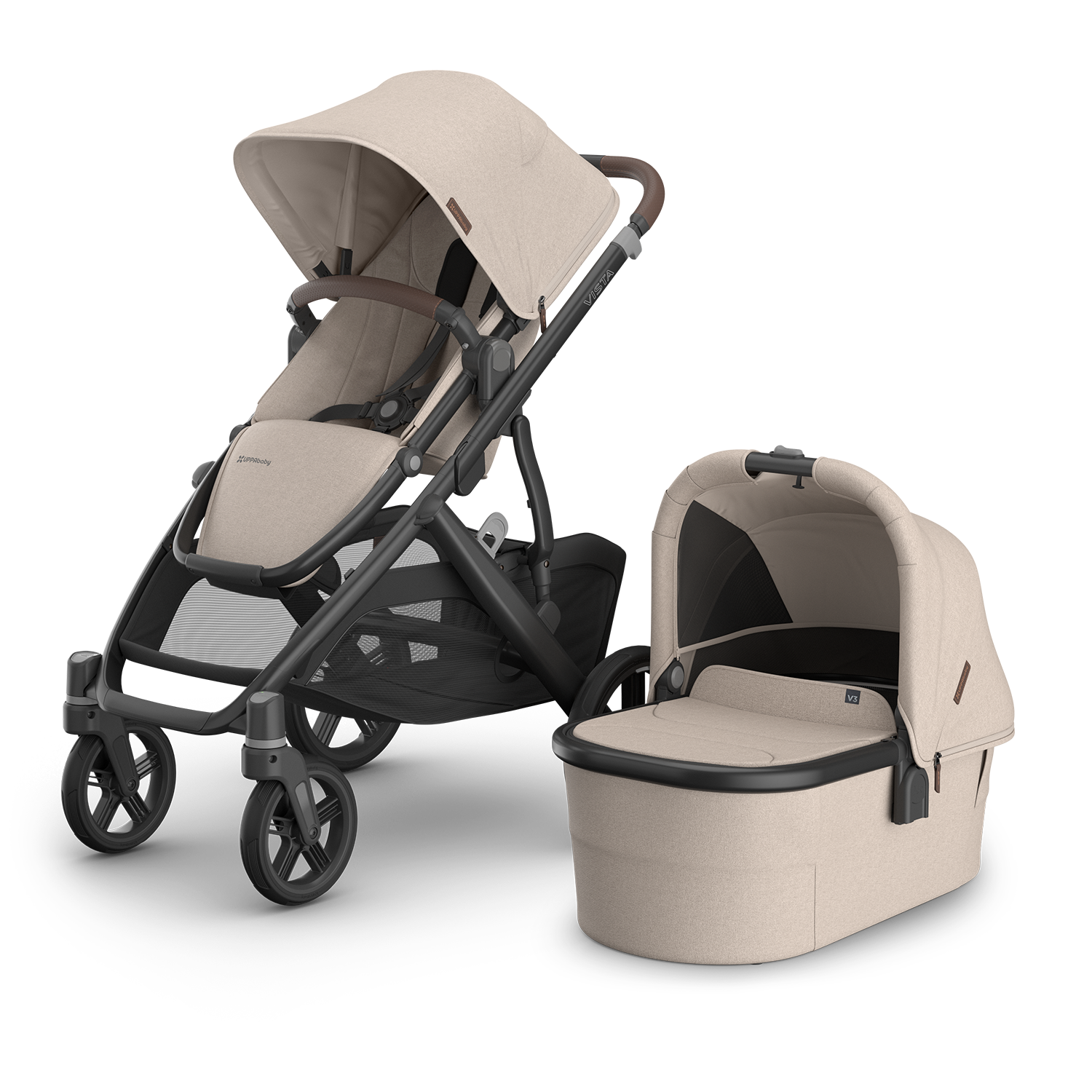 UPPAbaby stroller with carbon frame and chestnut leather accents and beige/sandstone fabric.  