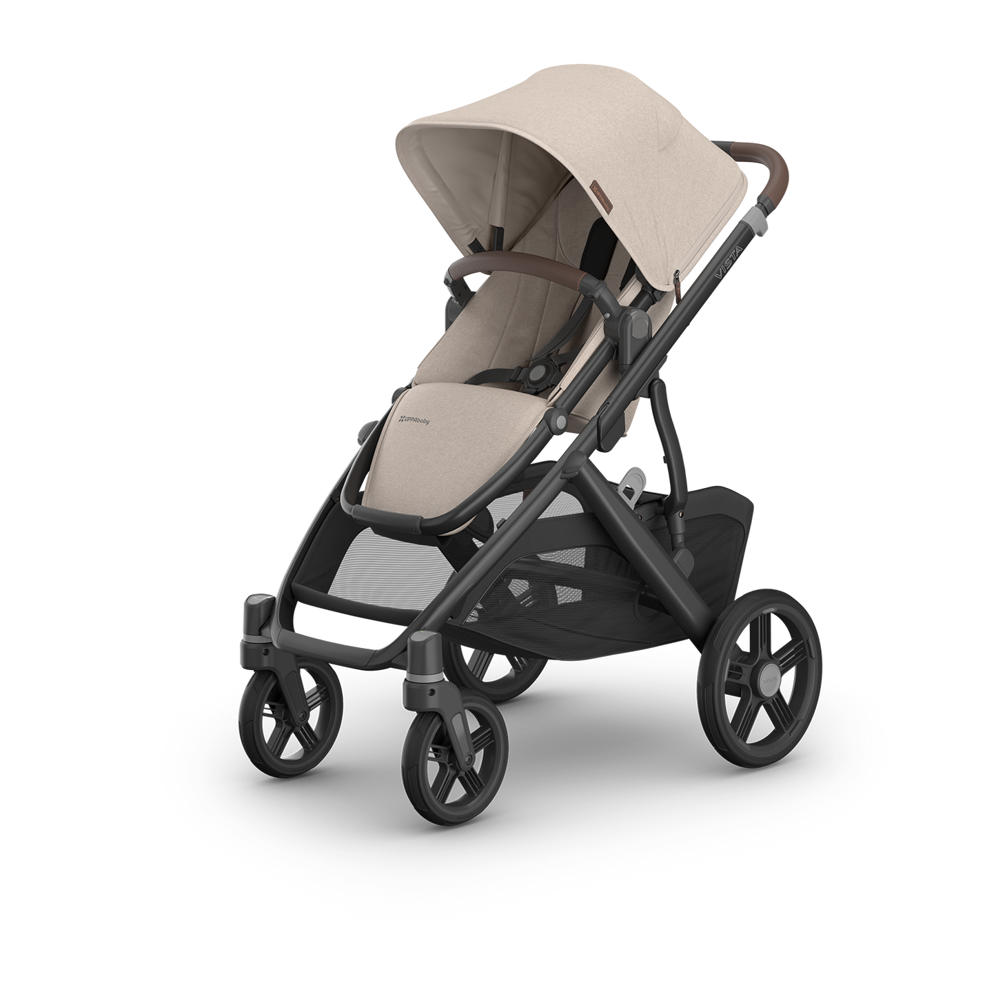 UPPAbaby stroller with carbon frame and chestnut leather accents and beige/sandstone fabric.  