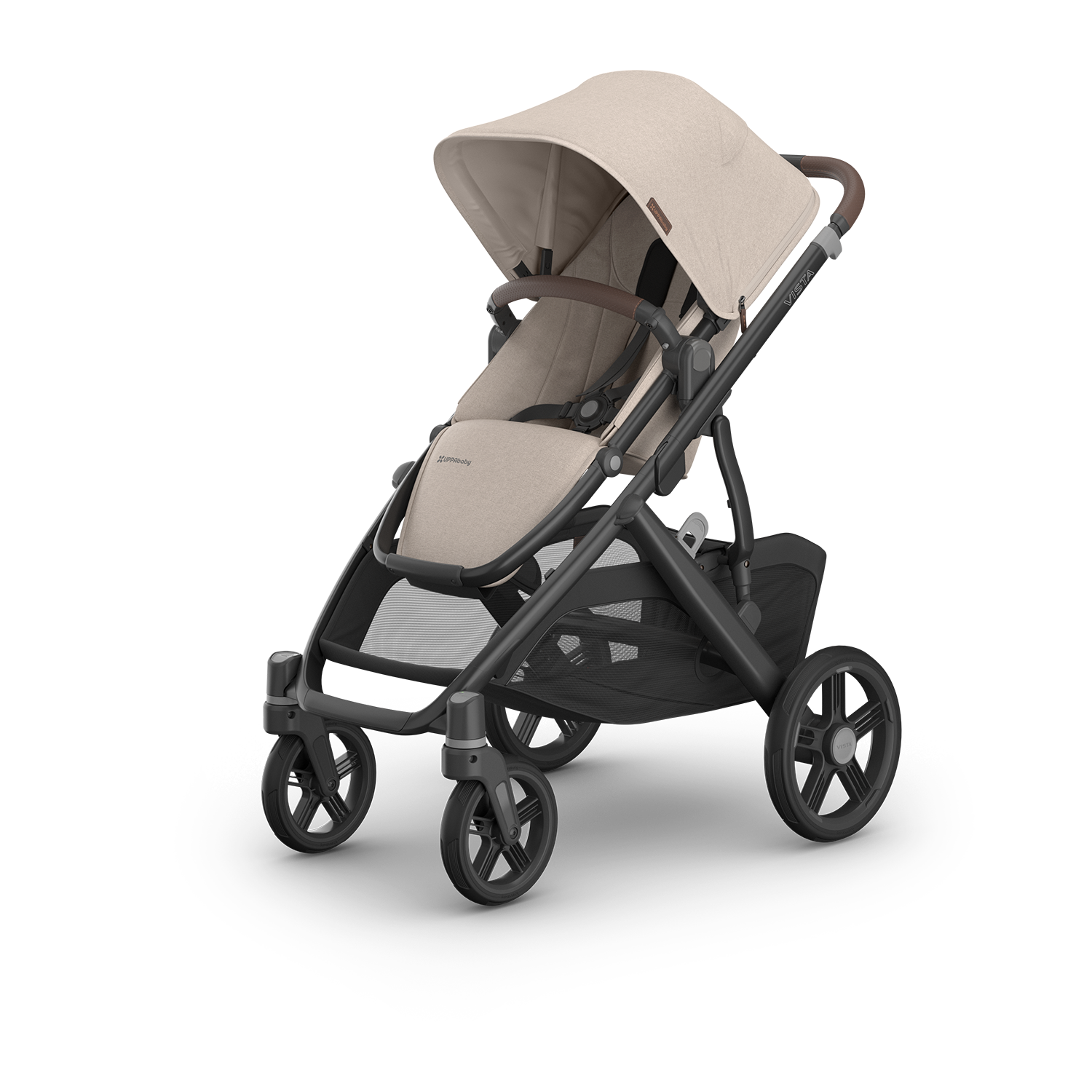 UPPAbaby stroller with carbon frame and chestnut leather accents and beige/sandstone fabric.  