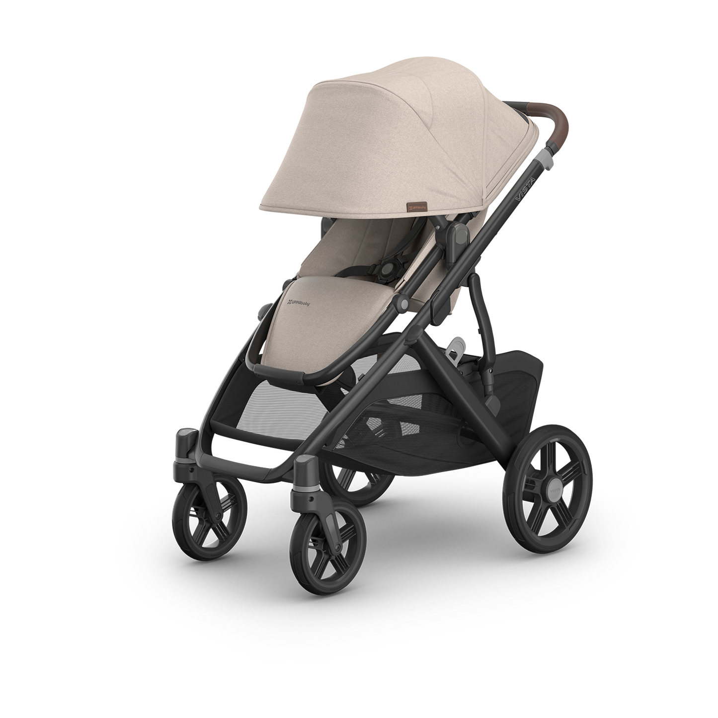 UPPAbaby stroller with carbon frame and chestnut leather accents and beige/sandstone fabric.  