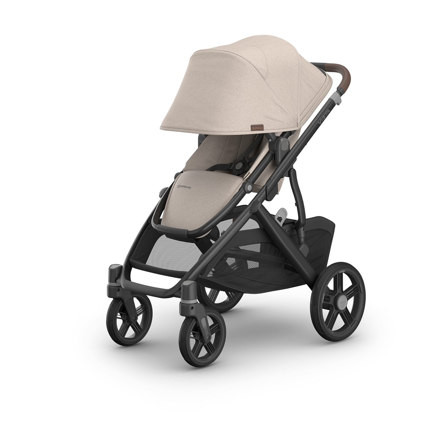 UPPAbaby stroller with carbon frame and chestnut leather accents and beige/sandstone fabric.  