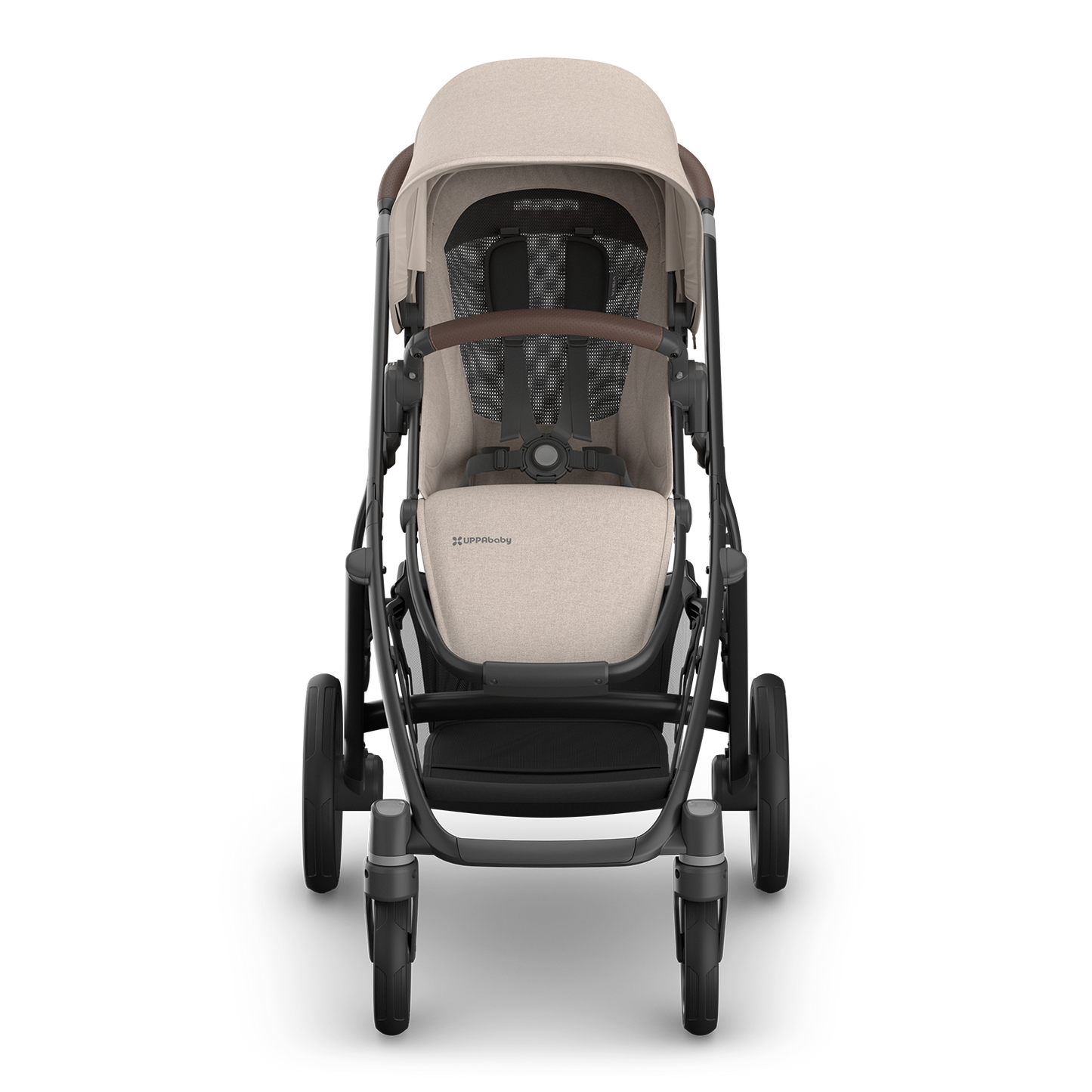 UPPAbaby stroller with carbon frame and chestnut leather accents and beige/sandstone fabric.  