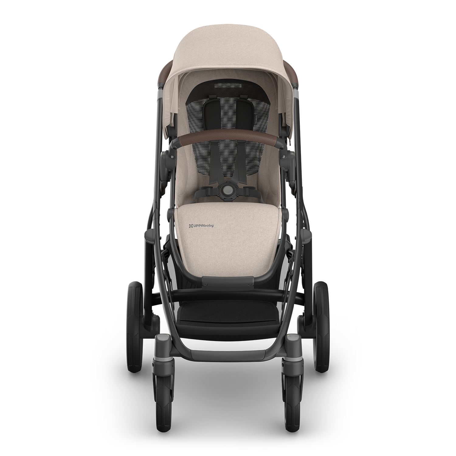 UPPAbaby stroller with carbon frame and chestnut leather accents and beige/sandstone fabric.  