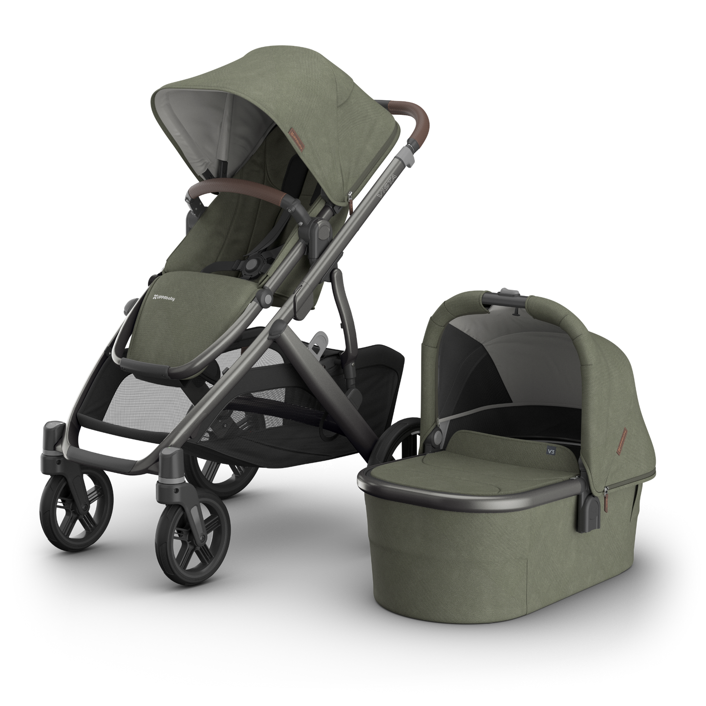 UPPAbaby Vista V3 stroller with carbon frame, Green fabric and chestnut leather accents with bassinet.  