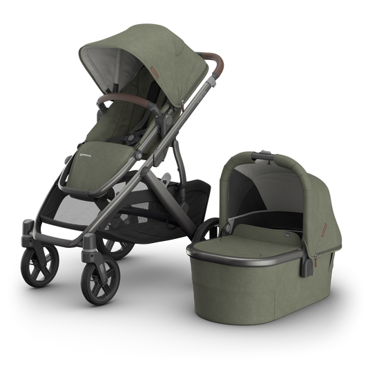 UPPAbaby Vista V3 stroller with carbon frame, Green fabric and chestnut leather accents with bassinet.  