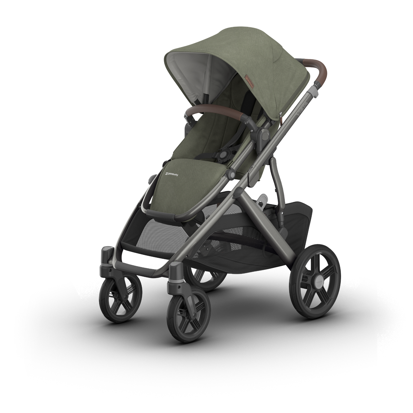 UPPAbaby Vista V3 stroller with carbon frame, Green fabric and chestnut leather accents. 
