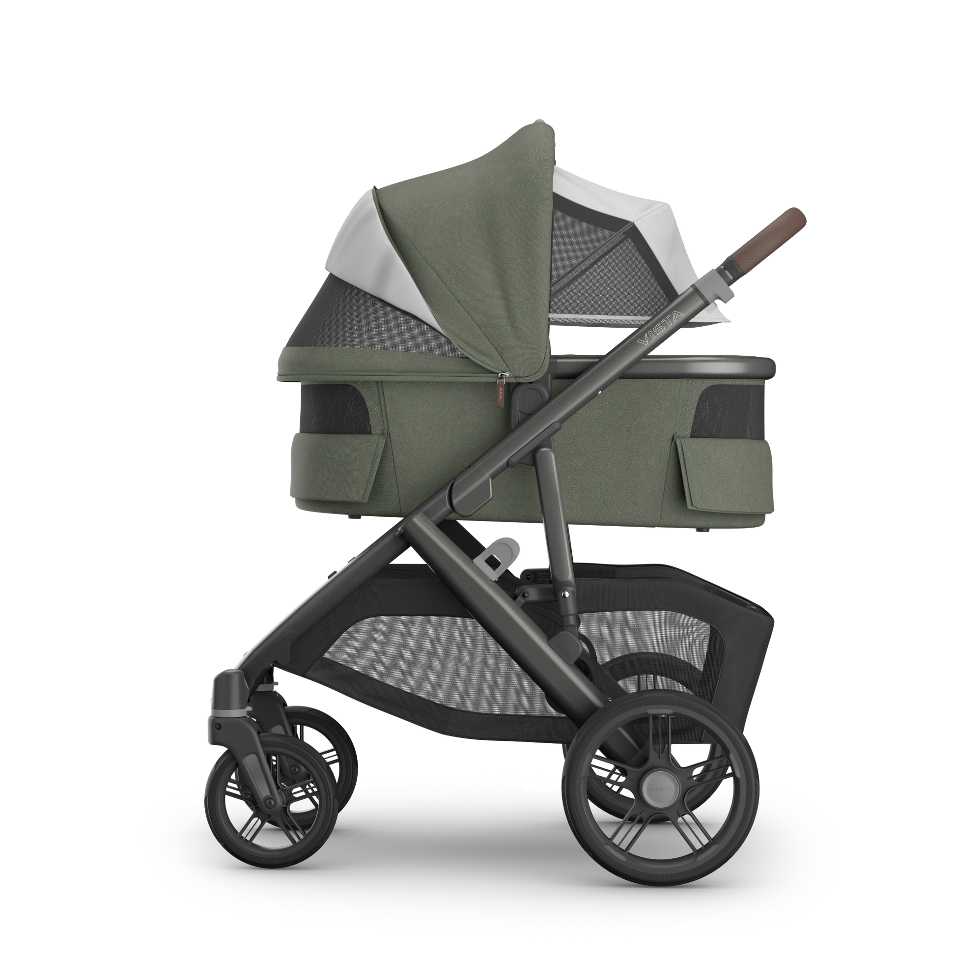 UPPAbaby Vista V3 stroller with carbon frame, Green fabric and chestnut leather accents. 