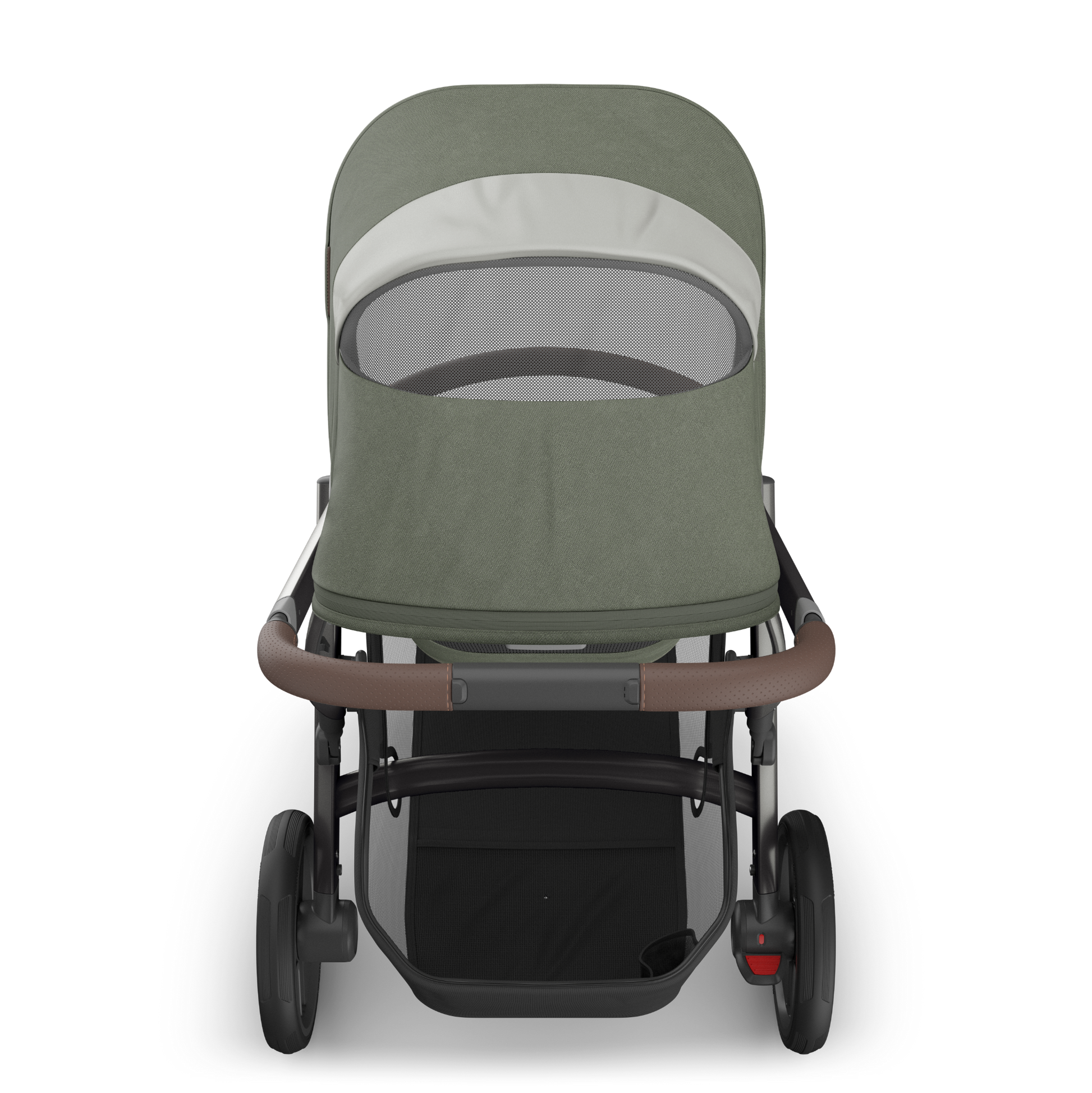 UPPAbaby Vista V3 stroller with carbon frame, Green fabric and chestnut leather accents showing mesh ventilates seat canopy. 