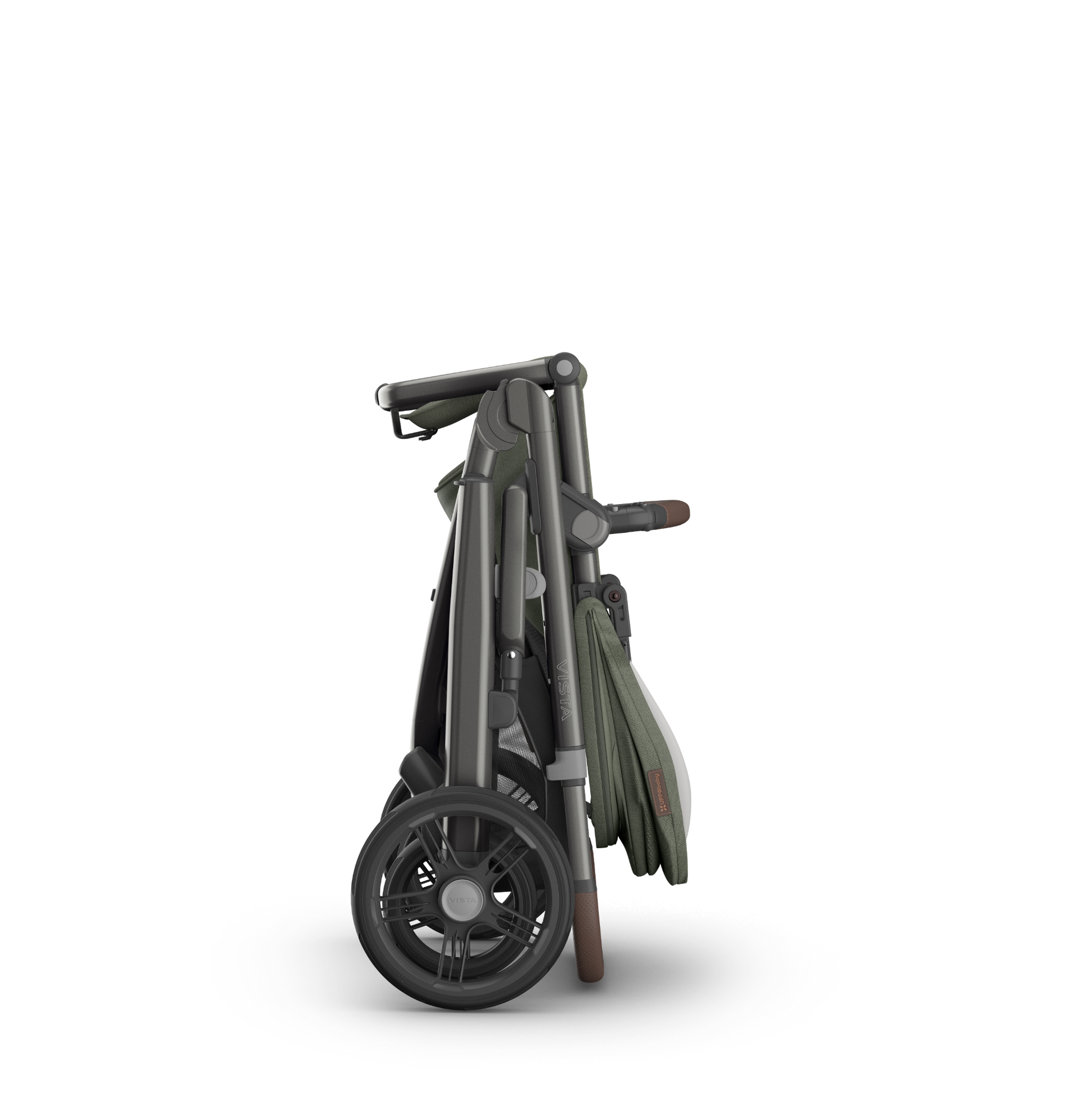 UPPAbaby Vista V3 stroller with carbon frame, Green fabric and chestnut leather accents folded and free standing. 