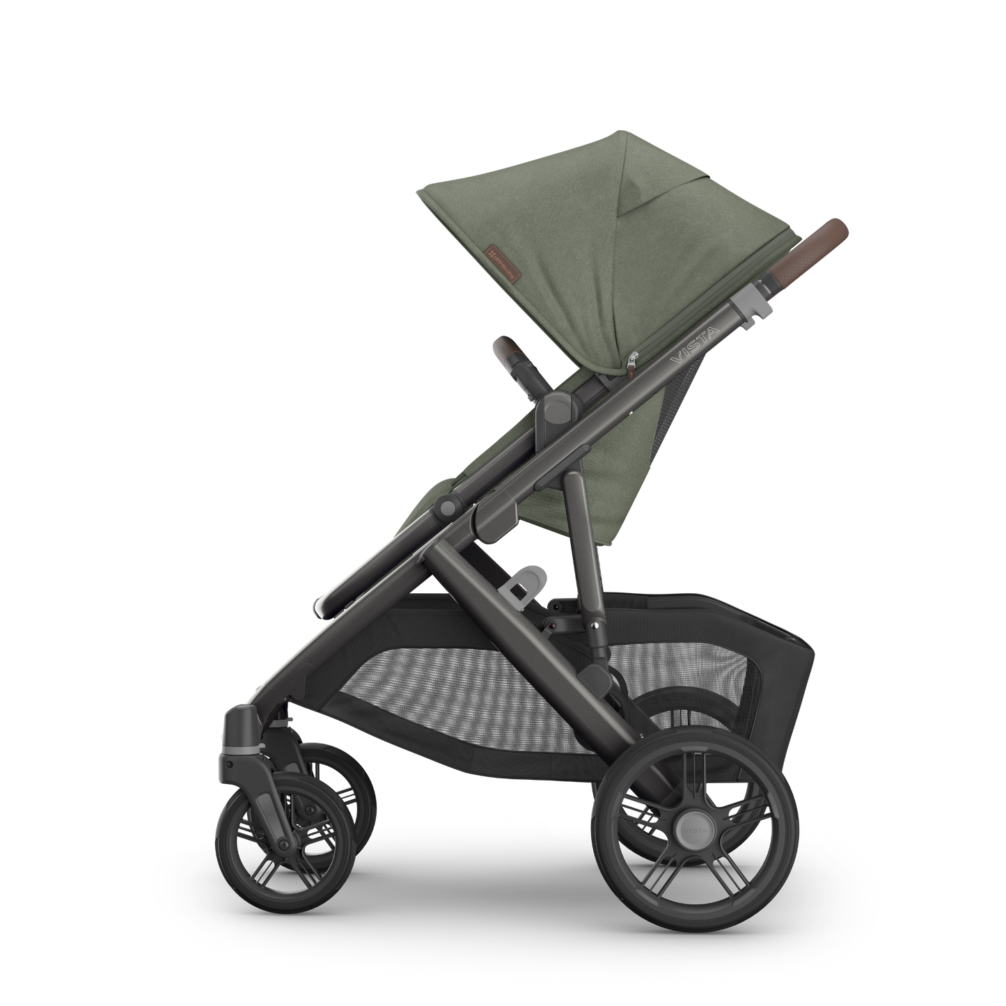 UPPAbaby Vista V3 stroller with carbon frame, Green fabric and chestnut leather accents side view. 