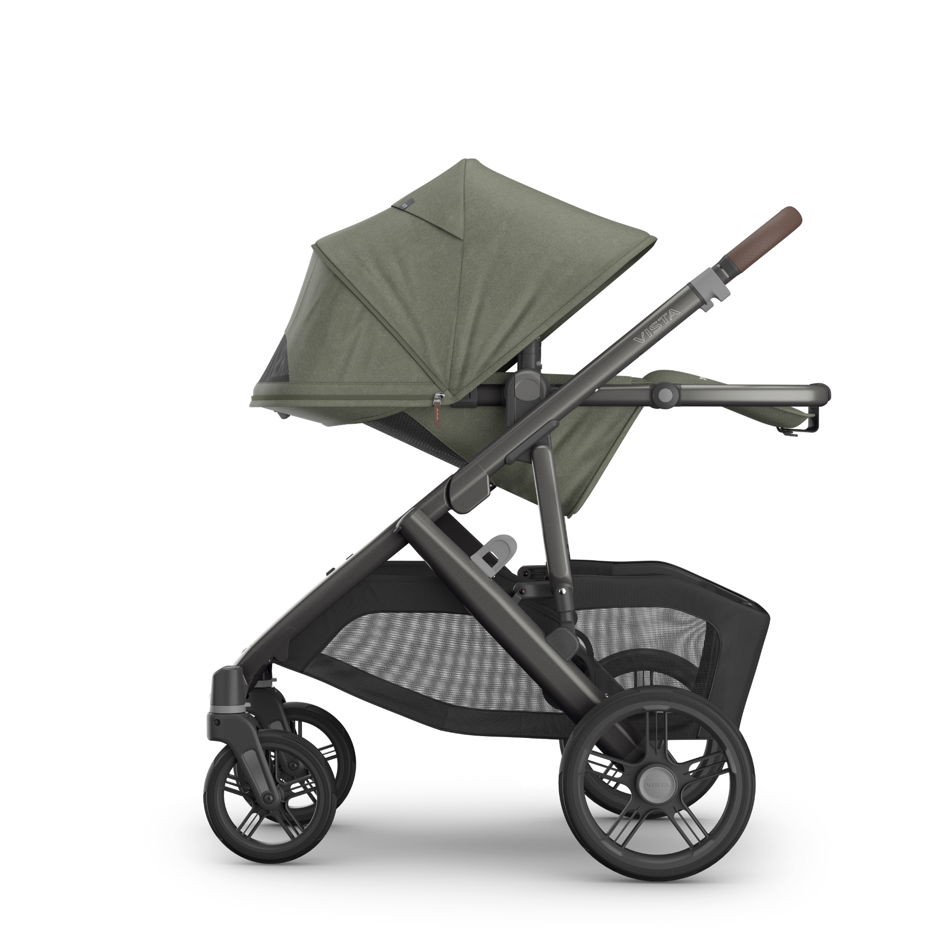 UPPAbaby Vista V3 stroller with carbon frame, Green fabric and chestnut leather accents. 