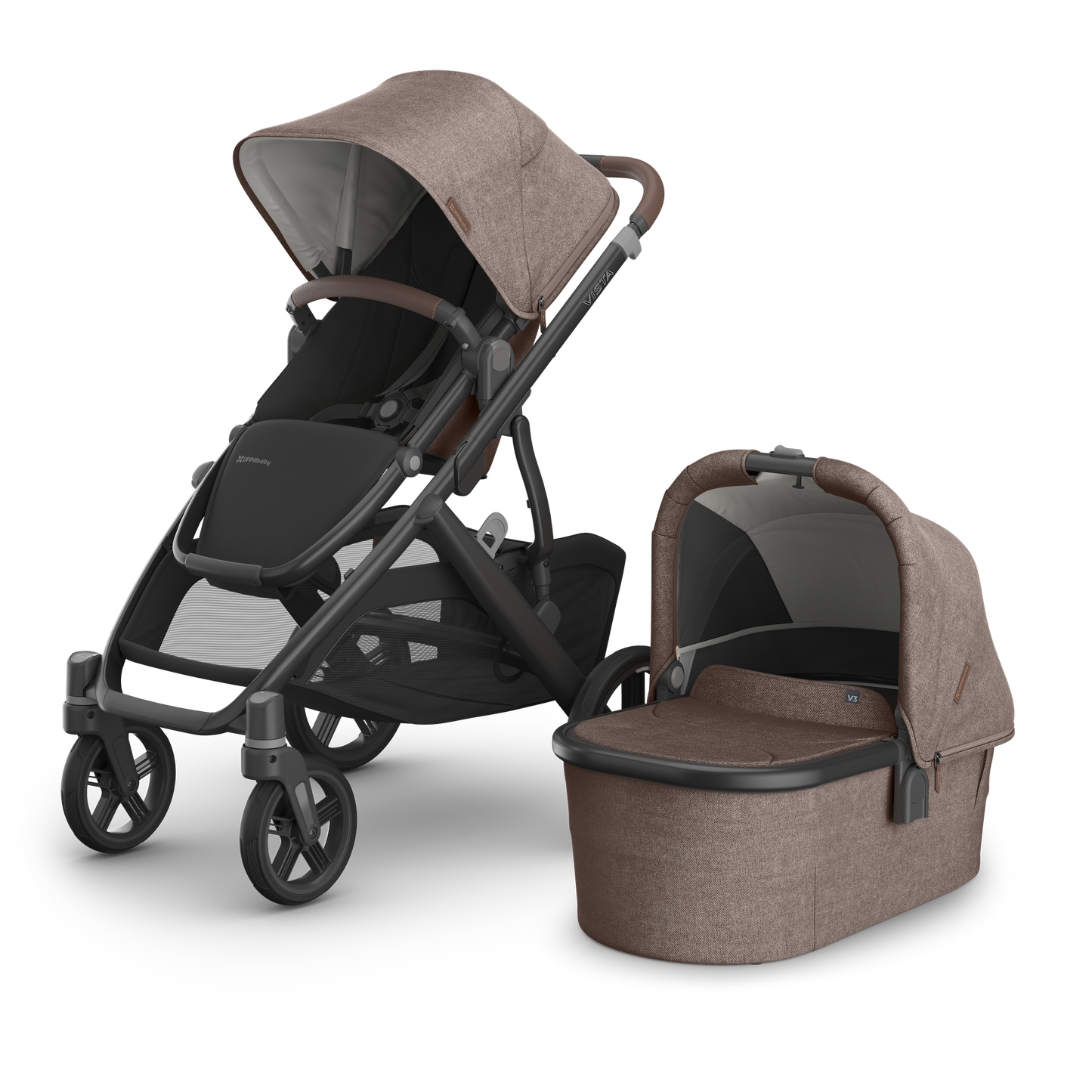 UPPAbaby Vista V3 Pram with carbon frame, brown melange fabric on the seat  and bassinet with brown leather accents.   Showing toddler seat and bassinet. 