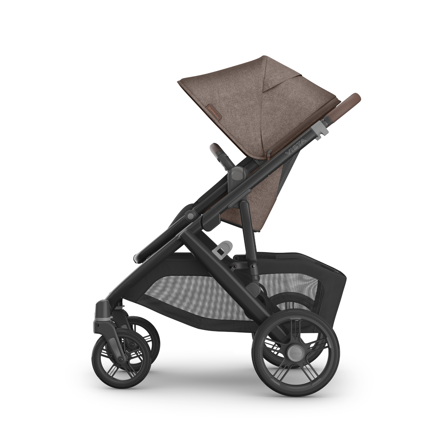 UPPAbaby Vista V3 Pram with carbon frame, brown melange fabric on the seat and brown leather accents. Side view of seat. 