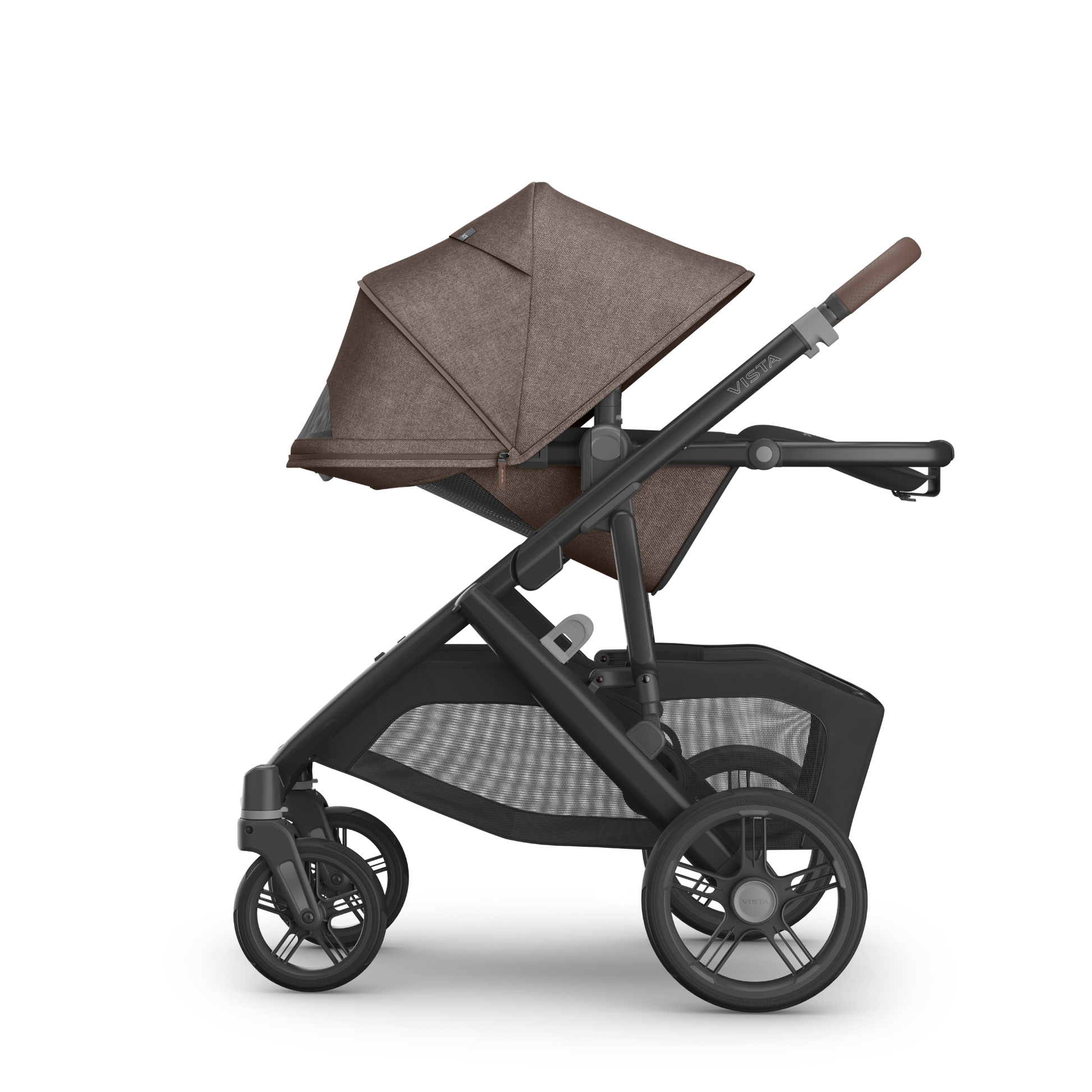 UPPAbaby Vista V3 Pram with carbon frame, brown melange fabric on the seat and brown leather accents.  Seat showing recline position. 