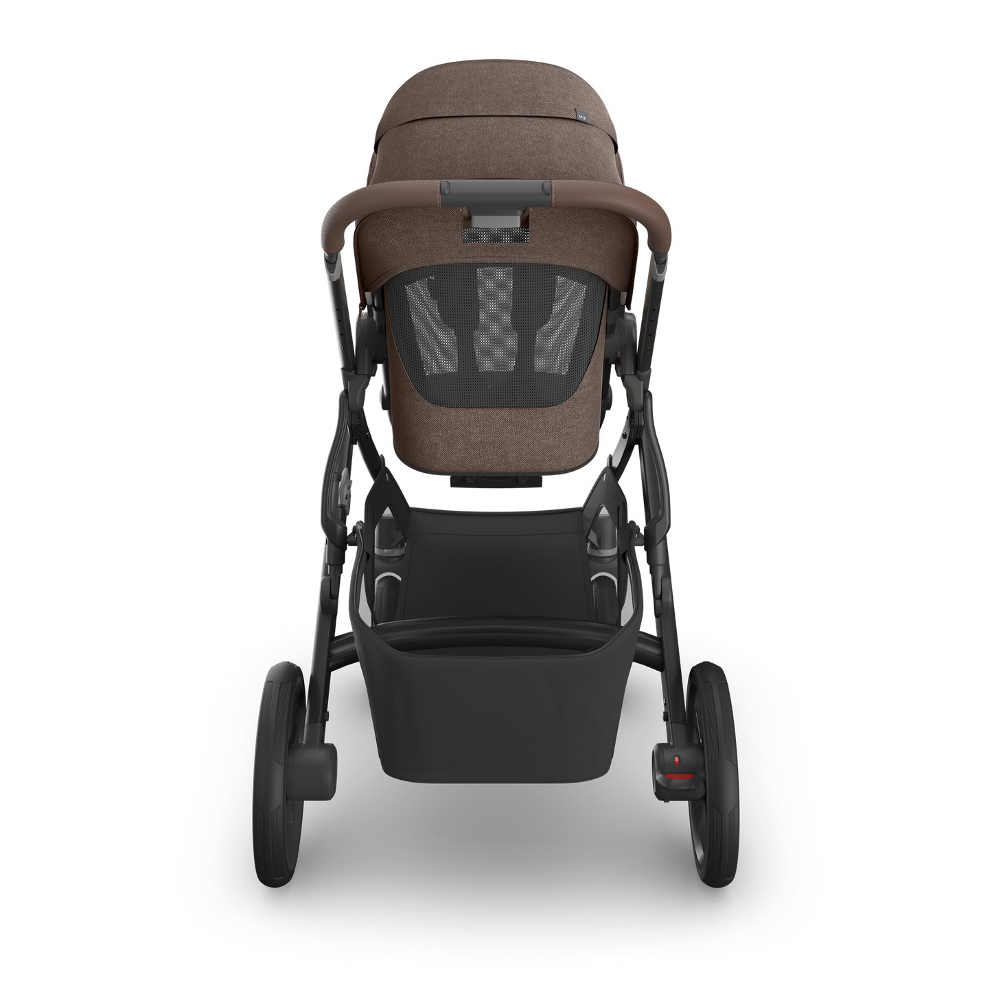 UPPAbaby Vista V3 Pram with carbon frame, brown melange fabric on the seat and brown leather accents.  Seat showing ventilated mesh back. 