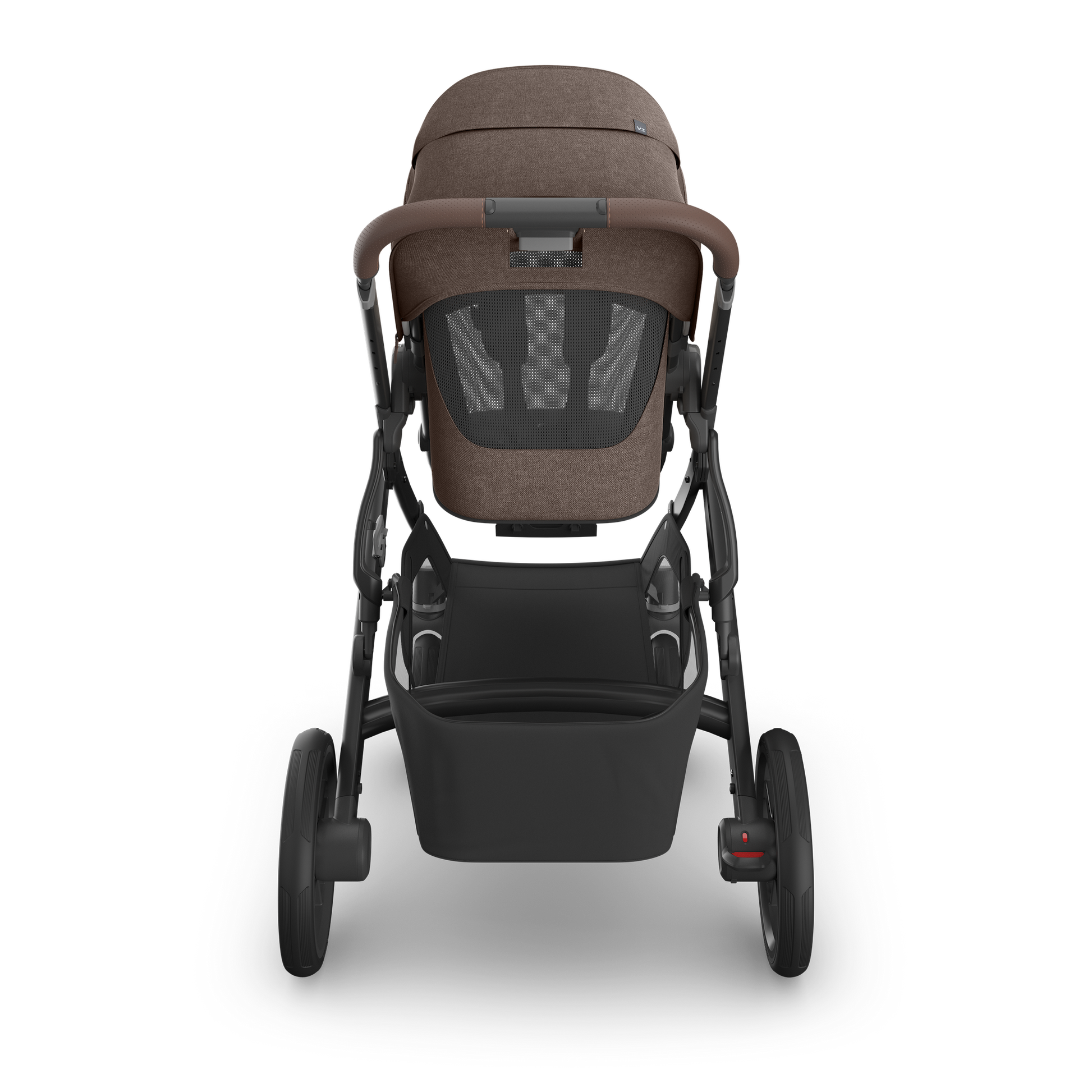UPPAbaby Vista V3 Pram with carbon frame, brown melange fabric on the seat and brown leather accents.  Seat showing ventilated mesh back. 