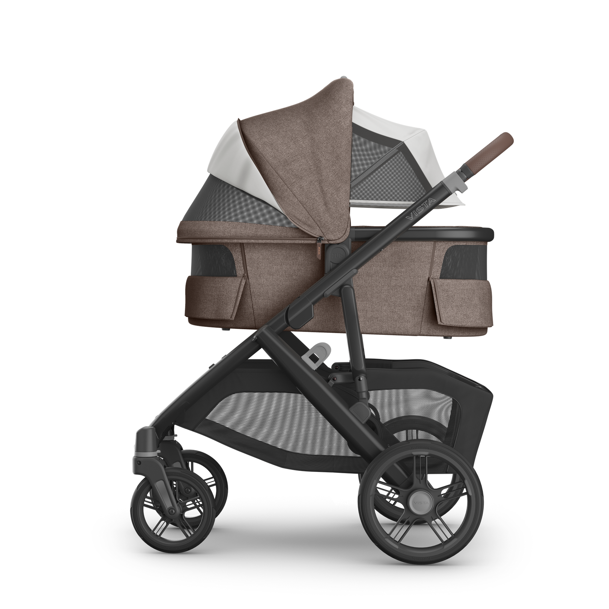 UPPAbaby Vista V3 Pram with carbon frame, brown melange fabric on bassinet and brown leather accents. 