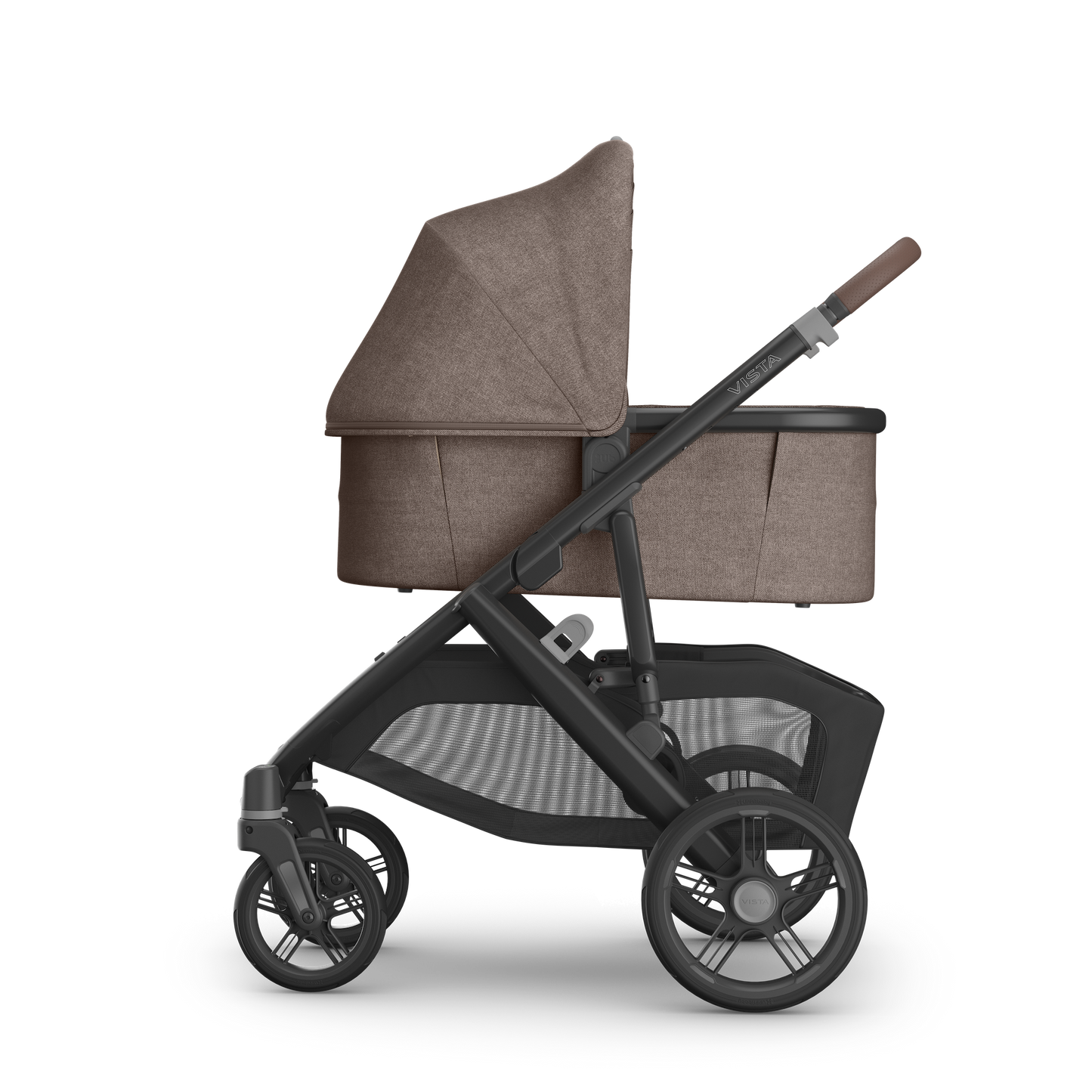 UPPAbaby Vista V3 Pram with carbon frame, brown melange fabric on bassinet and brown leather accents. 