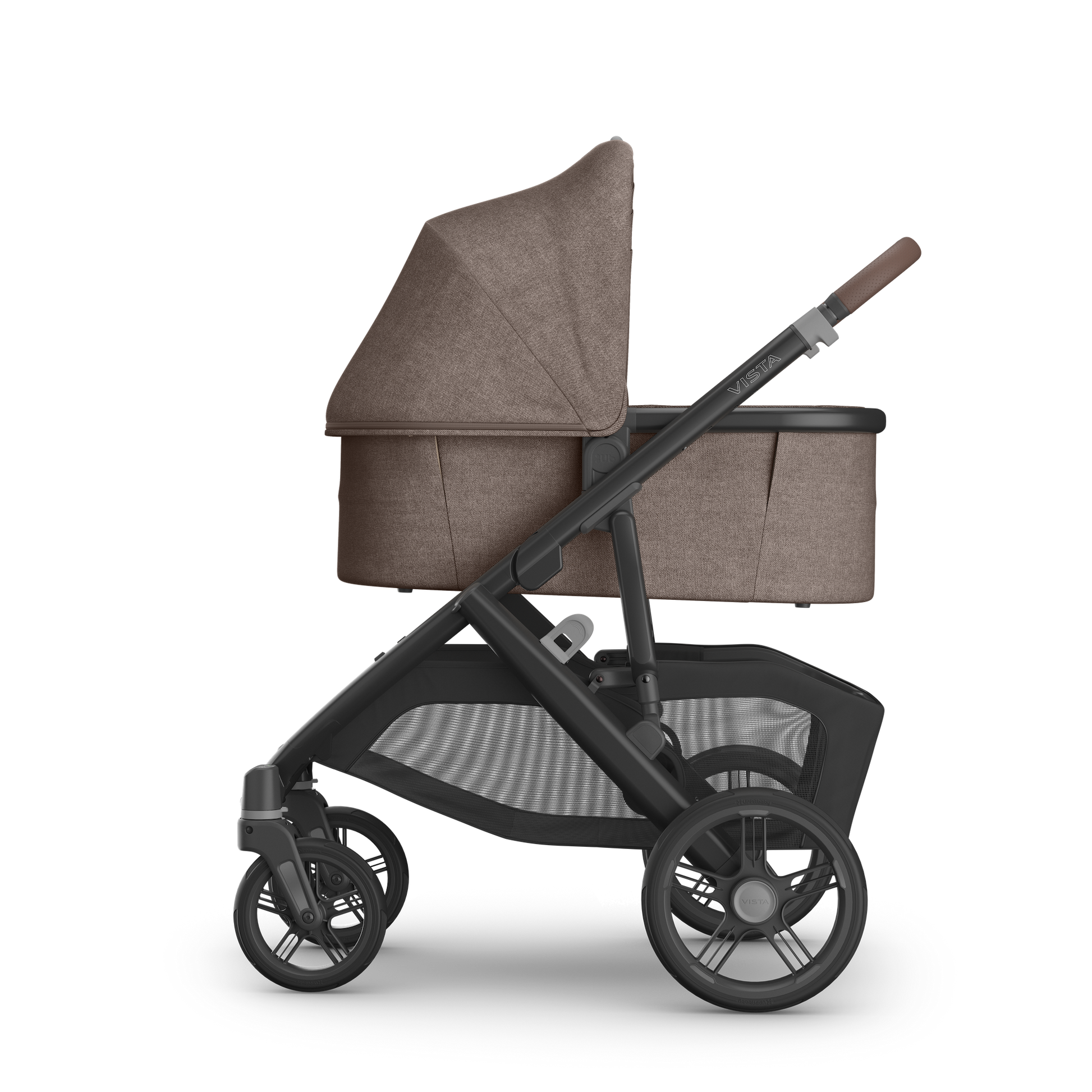 UPPAbaby Vista V3 Pram with carbon frame, brown melange fabric on bassinet and brown leather accents. 