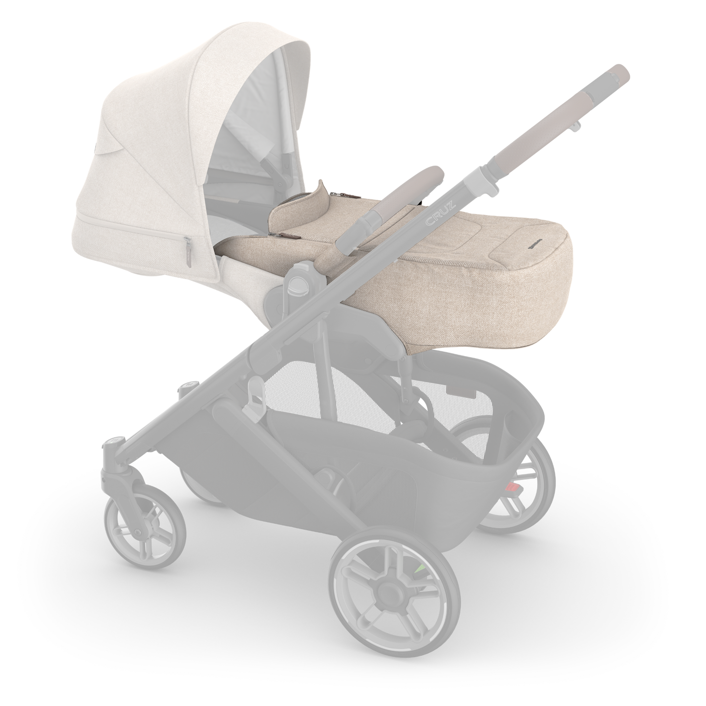 Baby stroller with beige bassinet on a white background