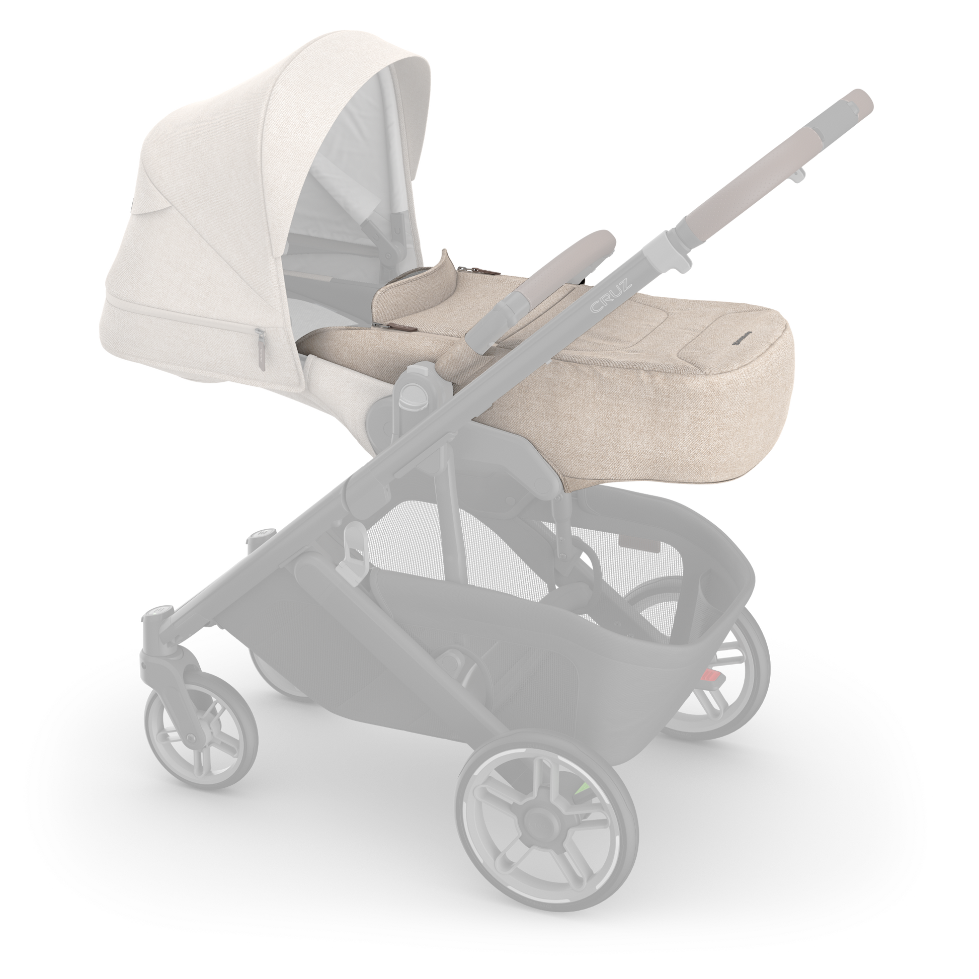 Baby stroller with beige bassinet on a white background
