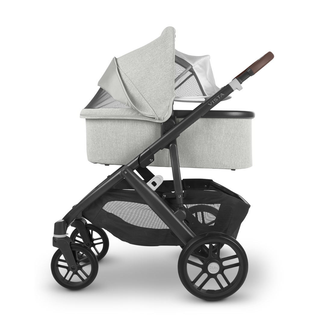 UPPAbaby Cruz V2 with Bassinet Grey Chenille fabric on Carbon Frame. 