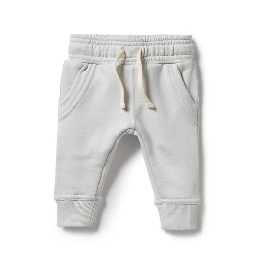 Baby Blue track pant with slant side pockets and cream draw string waist. 