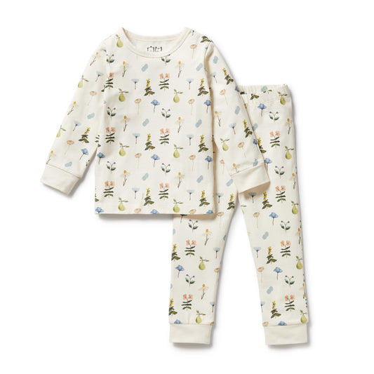 Cream based long sleeve pyjamas with delicate floral and fruit print. 