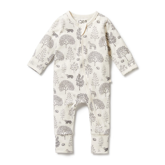 Long sleeve zip suit with cream base and all over grey woodland theme print. 