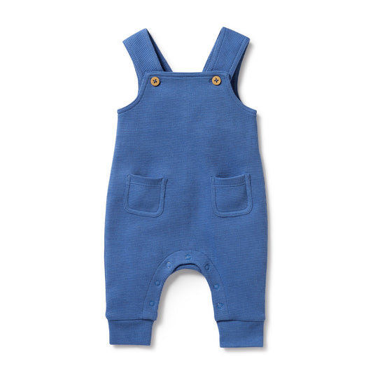 Brilliant Blue Waffle overall with two buttons at straps and front pockets. 
