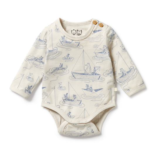 Longsleeve bodysuit with cream base and all over navy sailing print. Two buttons at neck for easy changing. 