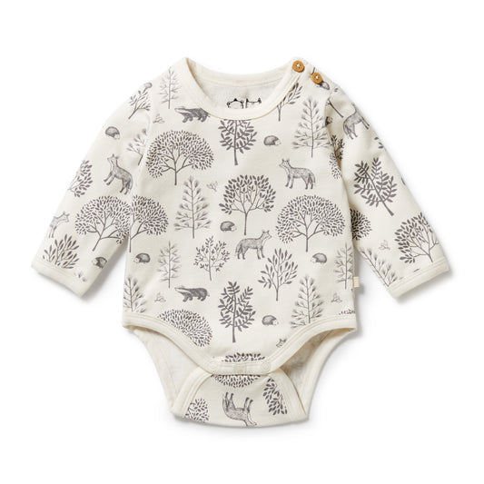 Long sleeve onesie with cream base and all over grey woodland print. Wood look buttons at collar for easy changing. 