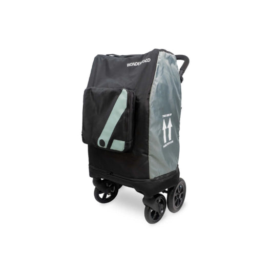 Black and gray stroller cover with WonderFold branding on a white background on W2 stroller. 