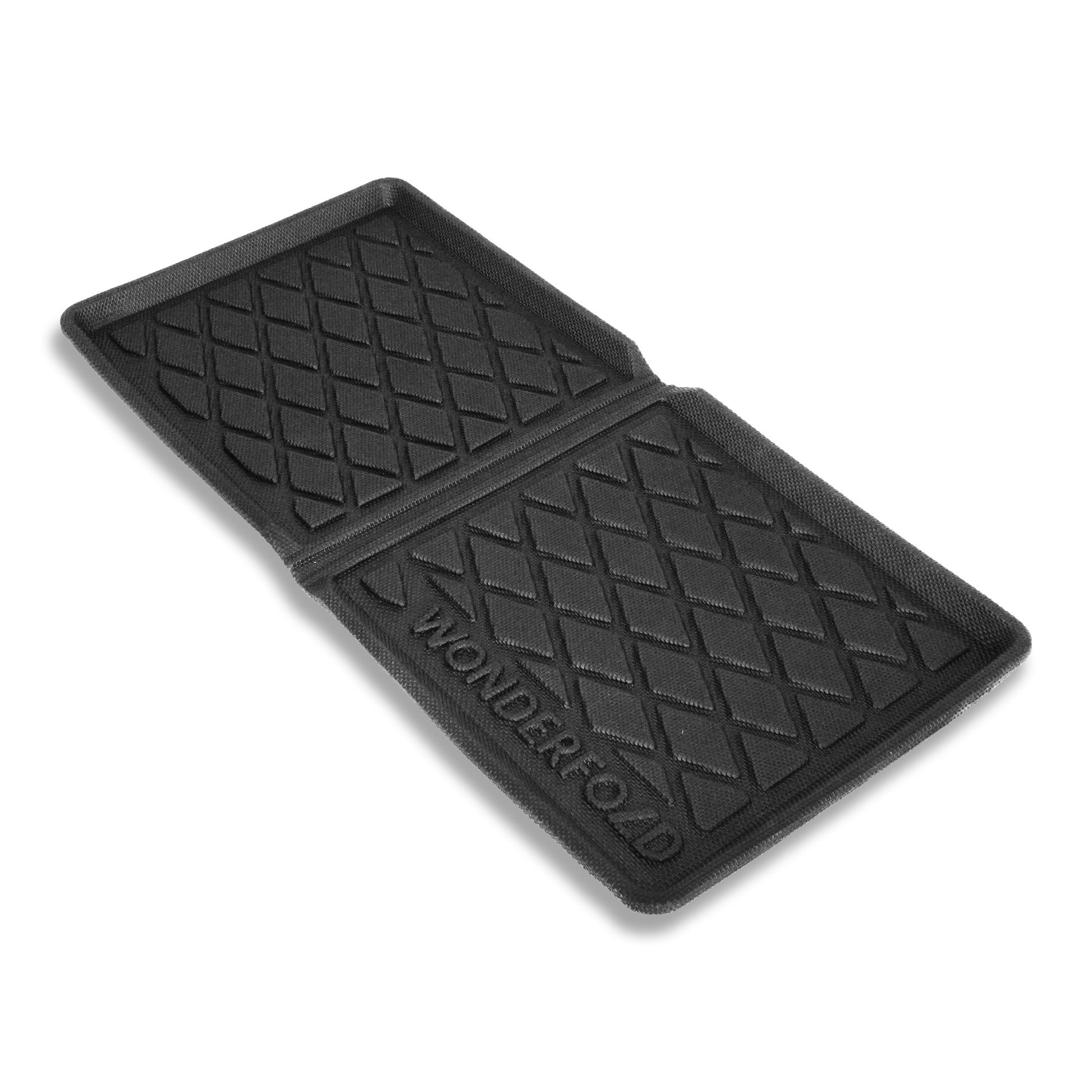 Black rubber all weather mat with diamond pattern and Wonderfold branding. 