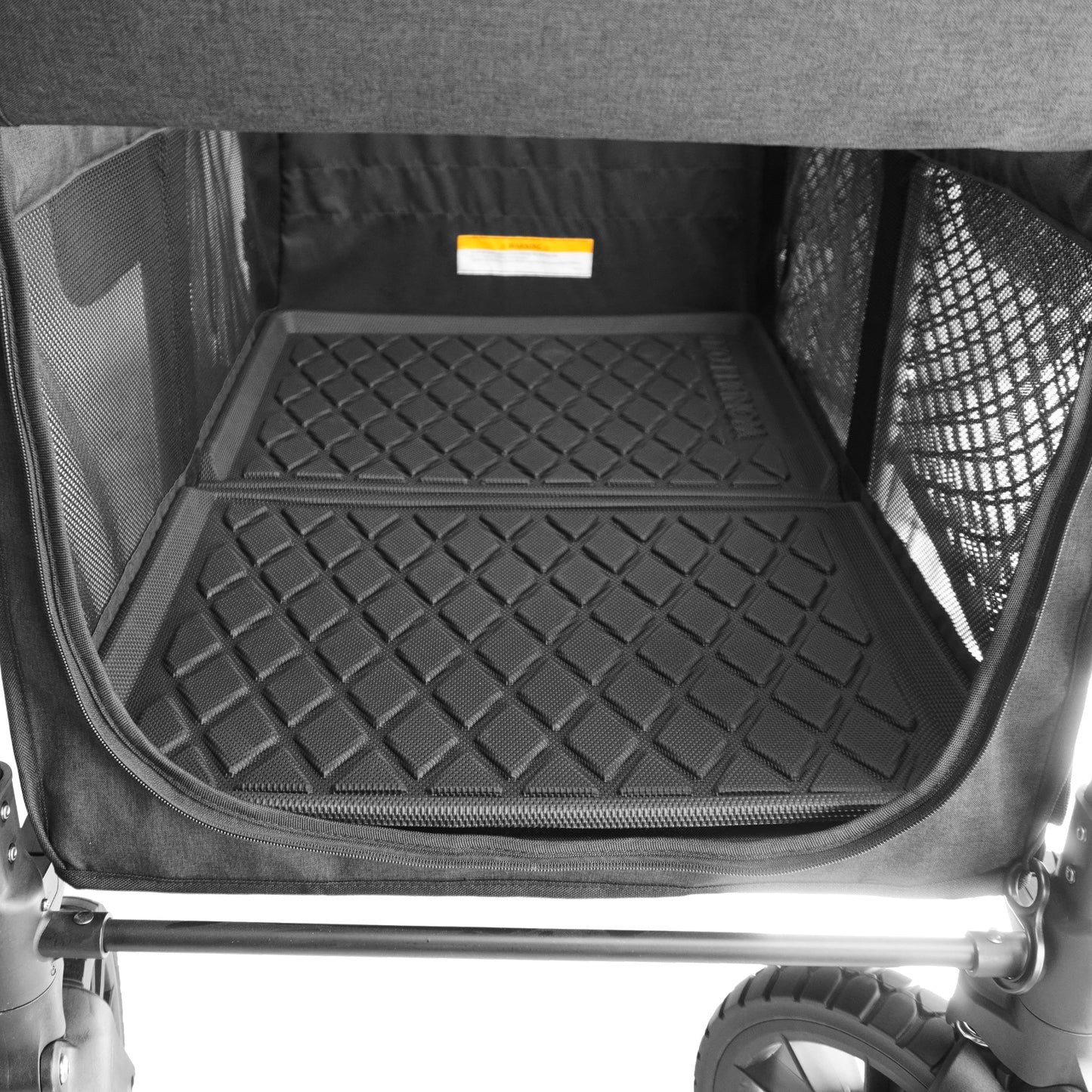 Black rubber mat inside a W4 Wonderfold Stroller Wagon in Grey. 