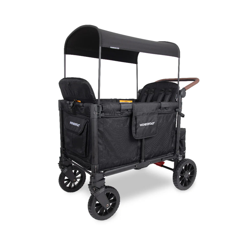 Wonderfold Stroller wagon in black side view with canopy on on a white background. 