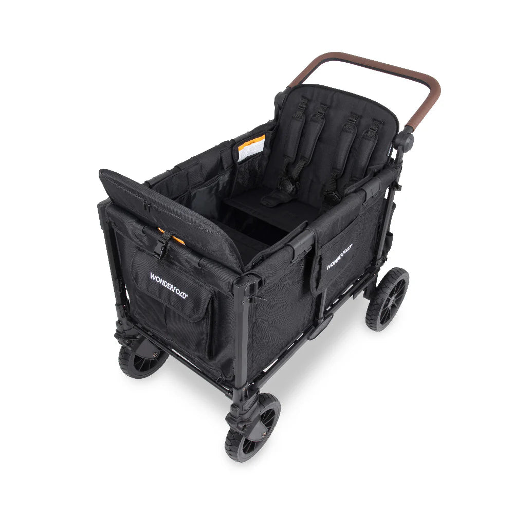 Wonderfold Stroller wagon in black looking into the stroller seat and harness shown on a white background. 