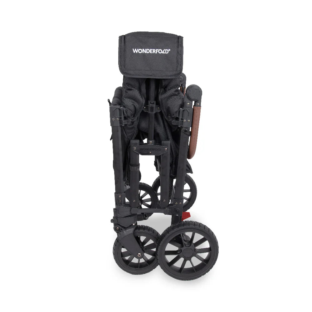 Wonderfold Stroller wagon in black folded on a white background. 