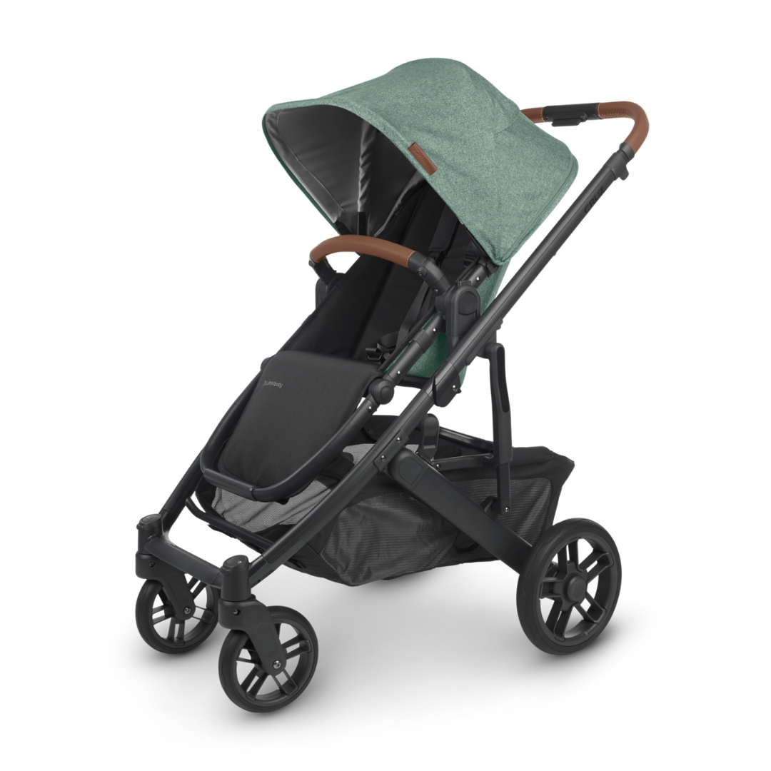 aby Cruz V2 Stroller Gwen  (Green Melange). Green Melange Fabric, Carbon Frame and Chestnut leather accents. 