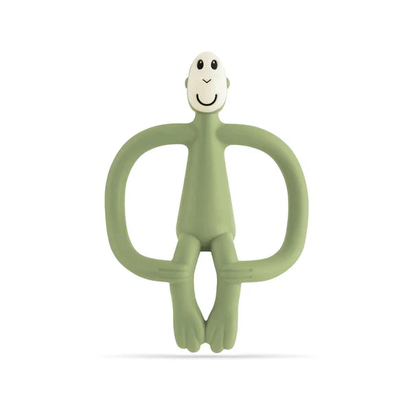 Green monkey-shaped teether on a white background