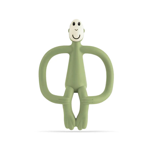 Green monkey-shaped teether on a white background