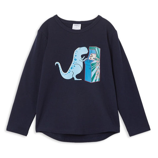 Navy Long sleeve tee with crew neck. Dinosaur playing arcade game on front chest. 