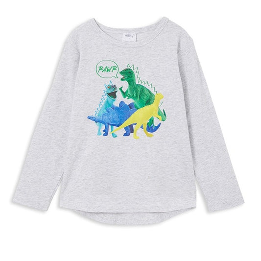 Long sleeve grey marle round neck tee. Front print of colourful dinosaurs and the speech bubble RAWR. 