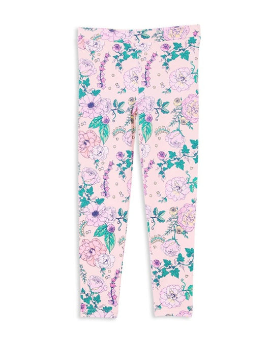 Full length legging with all over floral pattern on a light pink base. 