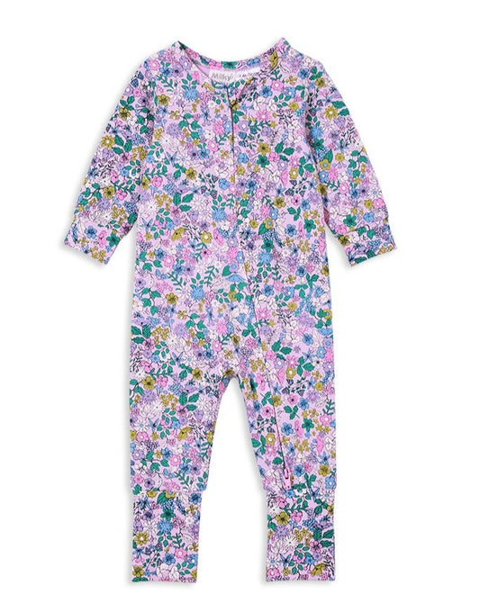 Full length floral baby onezie. Zip front, floral print on pink base. 