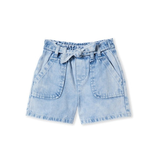 Soft Blue Denim Short with full elastic waistband and functional ties for easy dressing and comfort. 