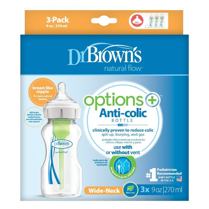 Dr Brown's 270ml Options+ Feeding Bottle With Level 1 Teat - Wide Neck - 3pk