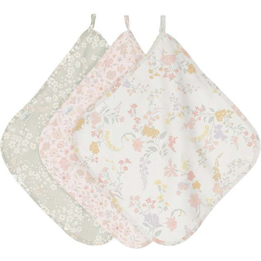 Set of three muslin washcloths in three different soft floral prints. 